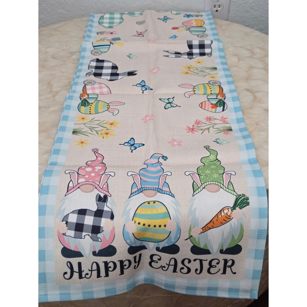 GEREAA Happy Easter Table Runner Gnomes Bunnies Blue Gingham 13x70‎ Inch Spring